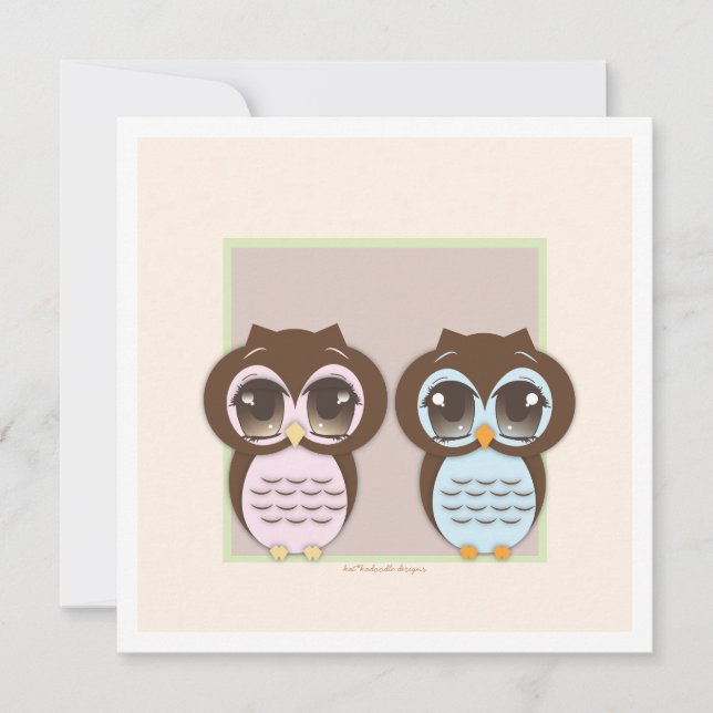 Invitación ¡Doble la Alegría!  Twin Owl Boy Chica Baby Shower (Anverso)