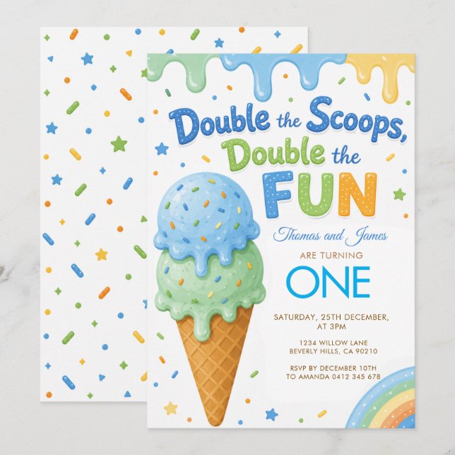 Invitación Doble las cucharadas doble la diversión cumpleaños (Anverso / Reverso)