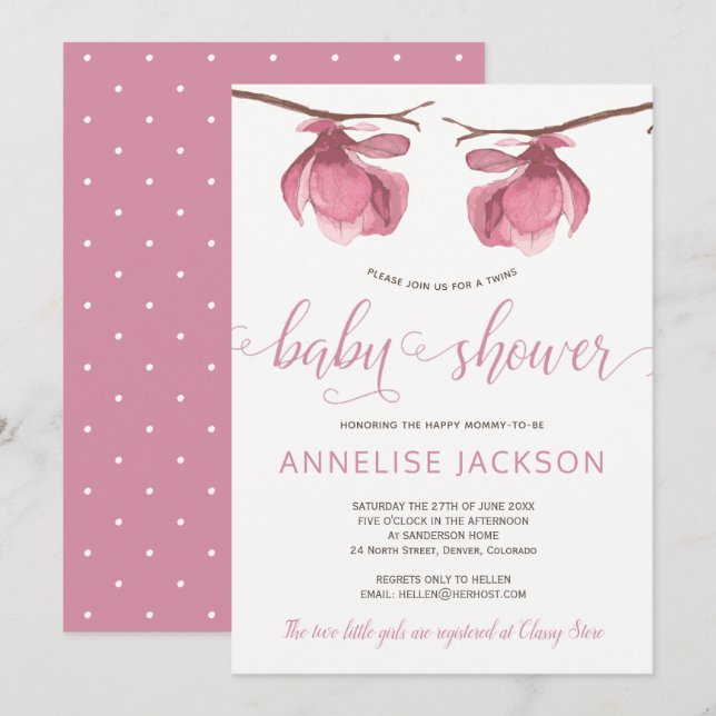 Invitación Doble niña rosa floral blanco baby shower (Anverso / Reverso)