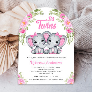 Invitación Doble niñas elefante floral arco baby shower