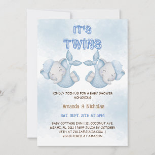 Invitación Doble Niño Elefante Azul Polvoriento Baby Shower
