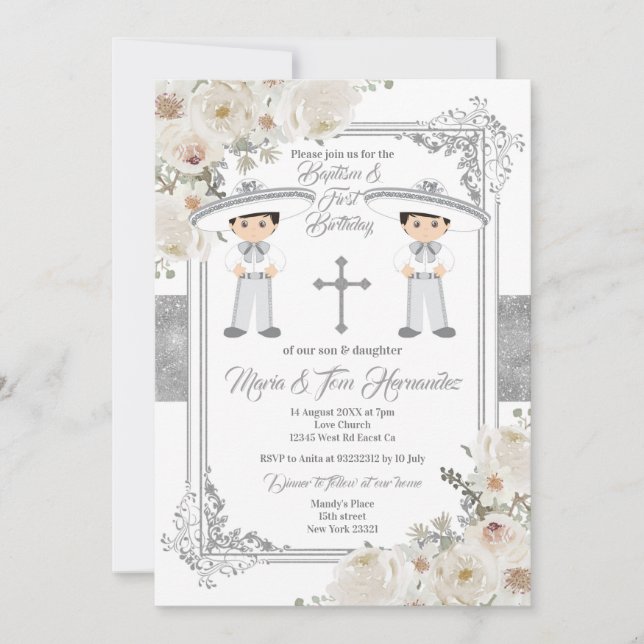 Invitación Doble niño Plata Bautismo Mexicano Cumpleaños Flor (Anverso)