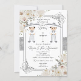 Invitación Doble niño Plata Bautismo Mexicano Cumpleaños Flor
