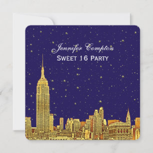 Invitación Doble oro de la silueta de la ciudad de Nueva York