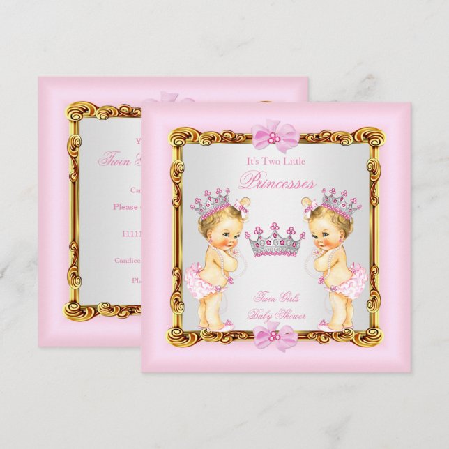 Invitación Doble Princesa Gemelas Bebé Cumpleaños Rosa Dorado (Anverso / Reverso)