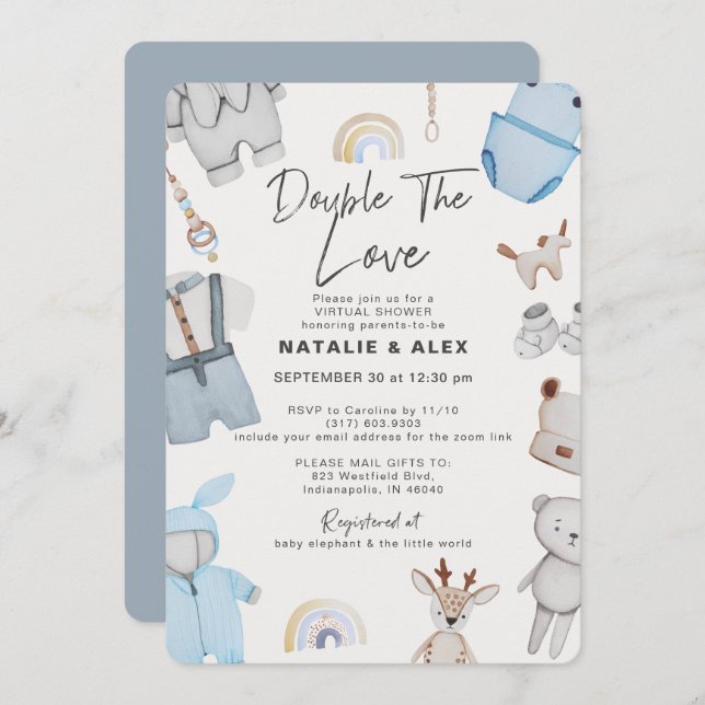 Invitación Doble Problema Ropa Doble Chico Virtual Ducha Inv (Anverso / Reverso)