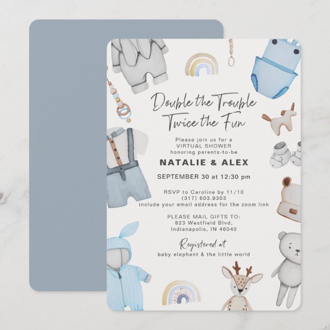 Invitación Doble Problema Ropa Twin Boy Virtual Shower (Anverso / Reverso)