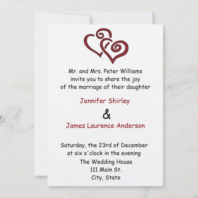 Invitación doble roja de la boda del corazón (Anverso)