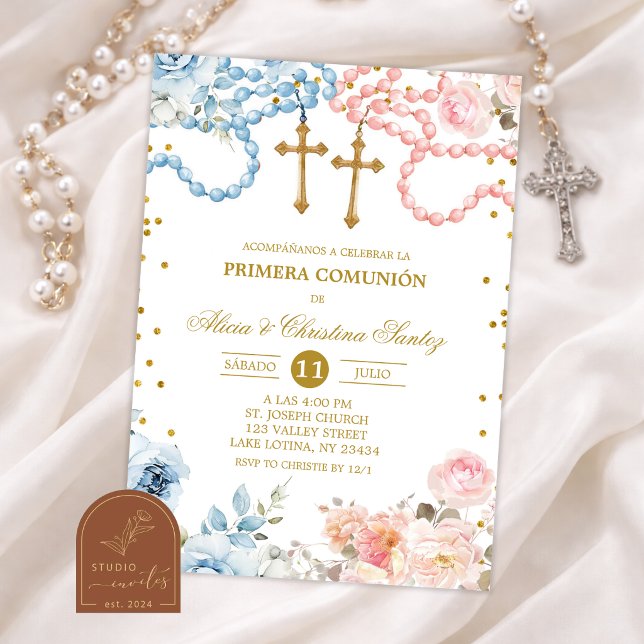 Invitación Doble Rosario de Niño y Niña Primera Comunión Espa (Subido por el creador)