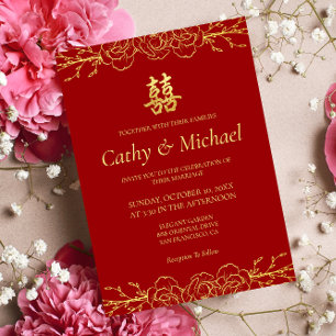 Invitación Doble xi de boda china con borde floral de oro roj