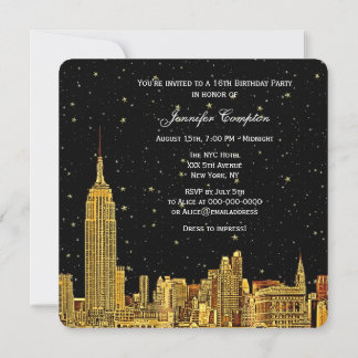 Invitación Dobleces de oro de la silueta de la ciudad de Nuev