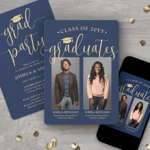 Invitación Dobles Graduaciones 2 Fotos Fiesta Conjunta Azul M
