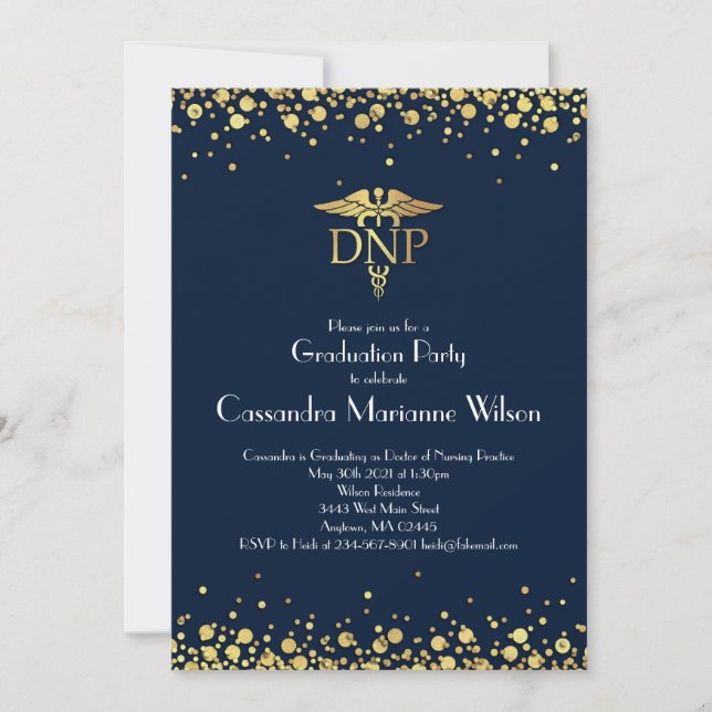 Invitación Doctor Nursing Practice Graduation Navy Blue Gold (Anverso)