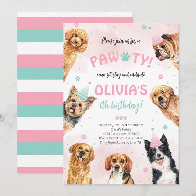 Invitación Dog Birthday Pawty (Anverso / Reverso)