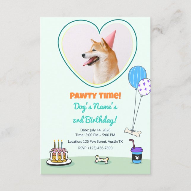Invitación Dog Photo Pet Pawty Birthday Party Design Theme (Anverso)