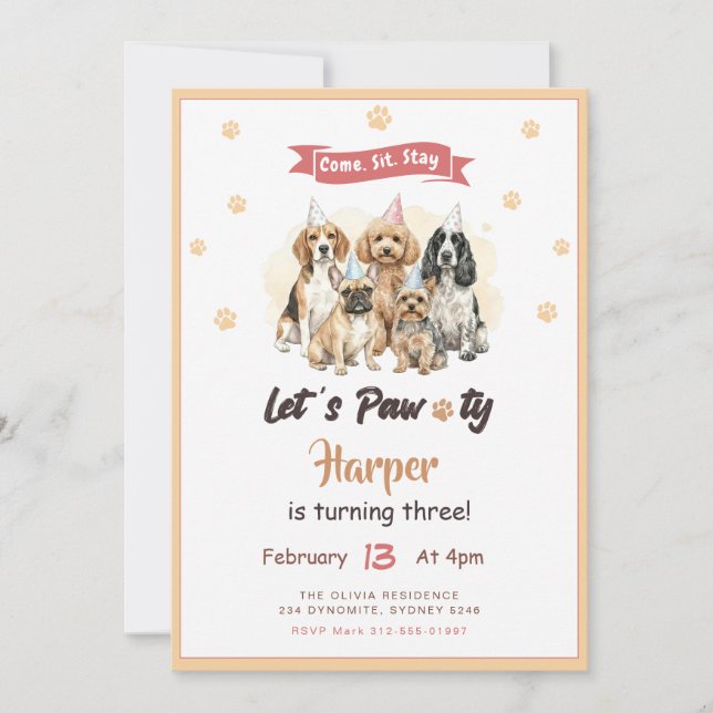 Invitación Dog Puppy Pet Lets Pawty Birthday Party (Anverso)