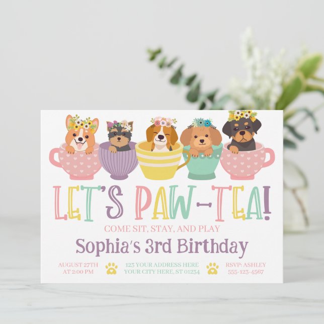 Invitación Dog Tea Fiesta Cumpleaños (Anverso de pie)