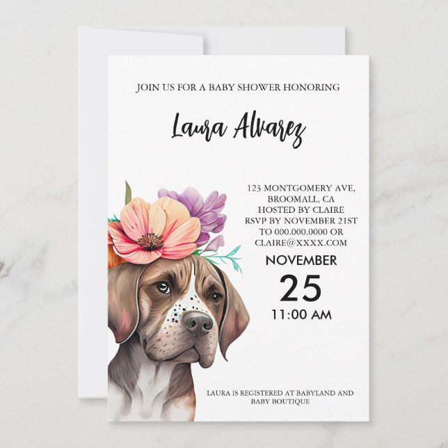 Invitación Dog Watercolor Flowers Baby Shower (Anverso)