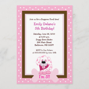 Invitación Doggy rosa Bone Puppy Perro Cumpleaños 5x7 Invitac