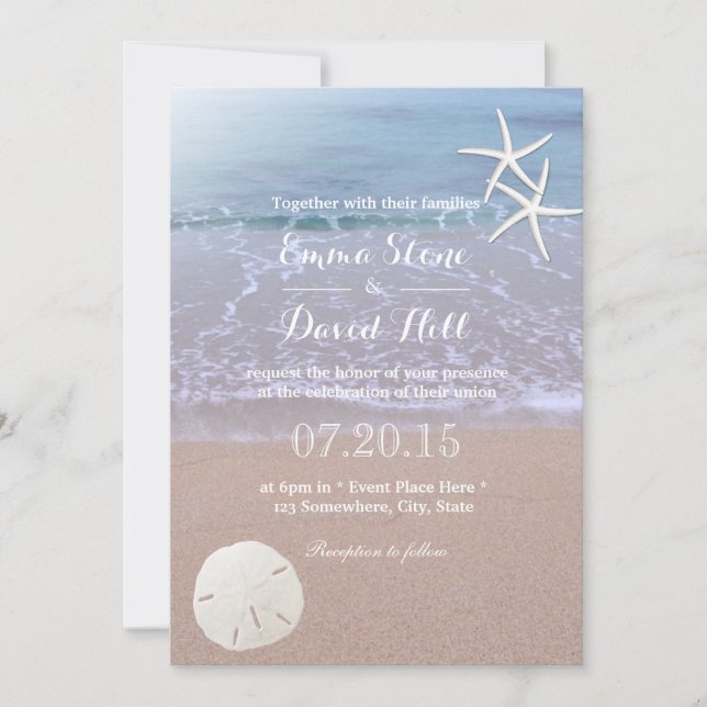 Invitación Dólar de arena de bodas de playa y pez estrella (Anverso)