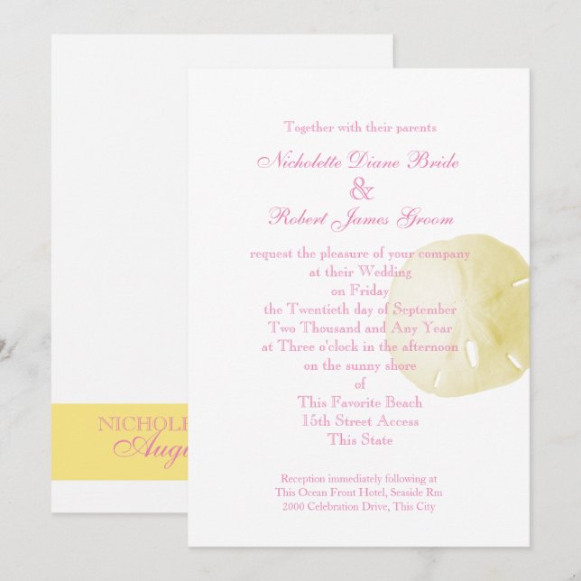 Invitación Dolar de arena rosa y Boda amarillo (Anverso / Reverso)