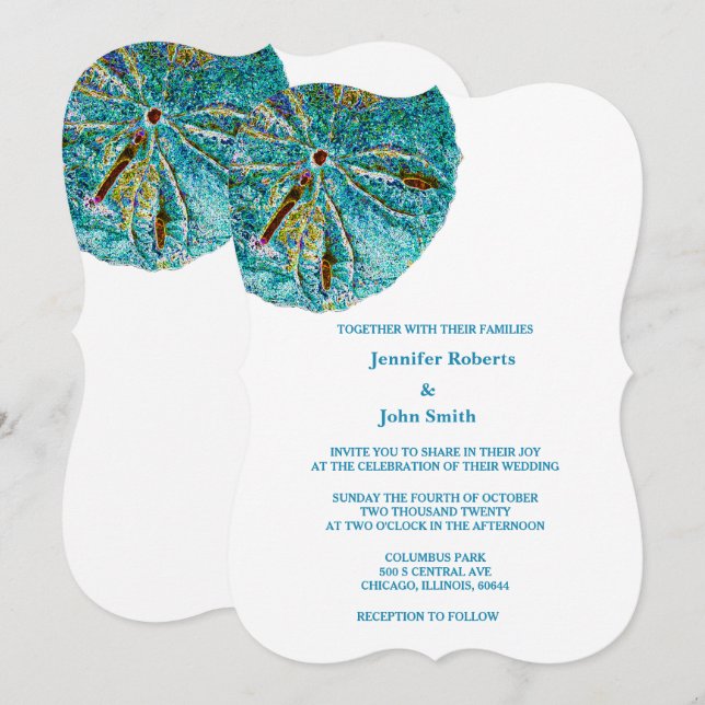 Invitación Dólar de arena Verde azulado Artsy Beach Boda Náut (Anverso / Reverso)