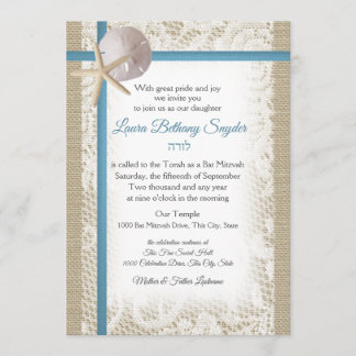 Invitación Dólar de arena y murciélago azul de encaje Mitzvah