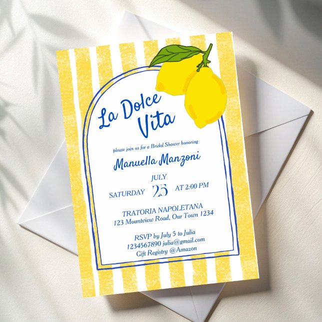Invitación Dolce vita amarillo Lemons Ducha de novia italiana (Dolce vita yellow stripes Lemons Italian bridal shower Invitation template instant download)