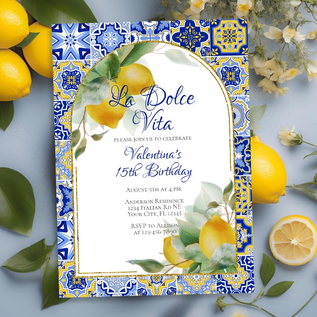 Invitación Dolce Vita Italiana Blue Gold Tiles Lemons Cumplea (Subido por el creador)