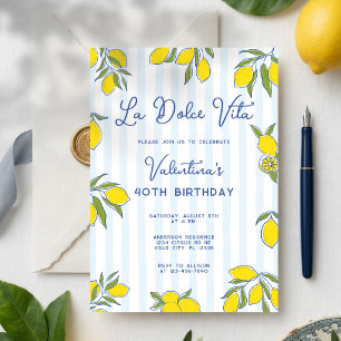 Invitación Dolce Vita Limones Dibujados a Mano Rayas Azules C