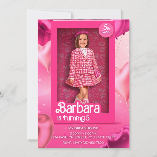 Invitación Doll Box Birthday Invitation - Barbie-Inspired Pin (Anverso)