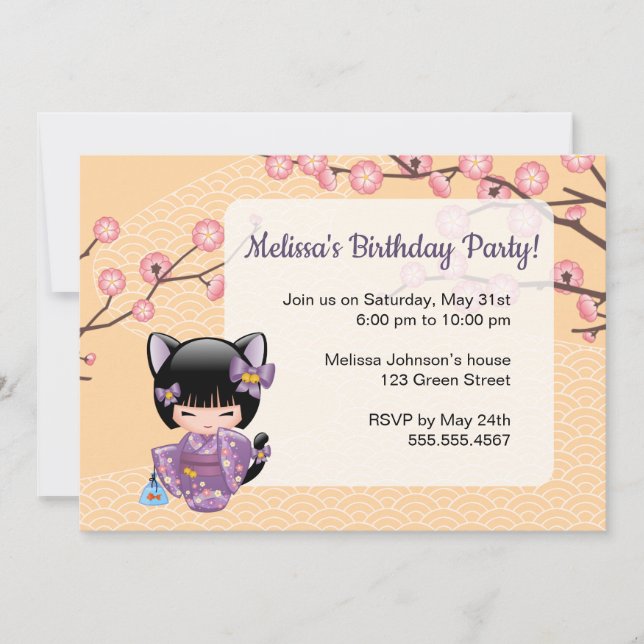 Invitación Doll Neko Kokeshi - Fiesta de cumpleaños Geisha (Anverso)