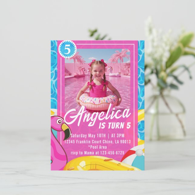 Invitación Doll Pink Fashion Pool Birthday Invitation (Anverso de pie)