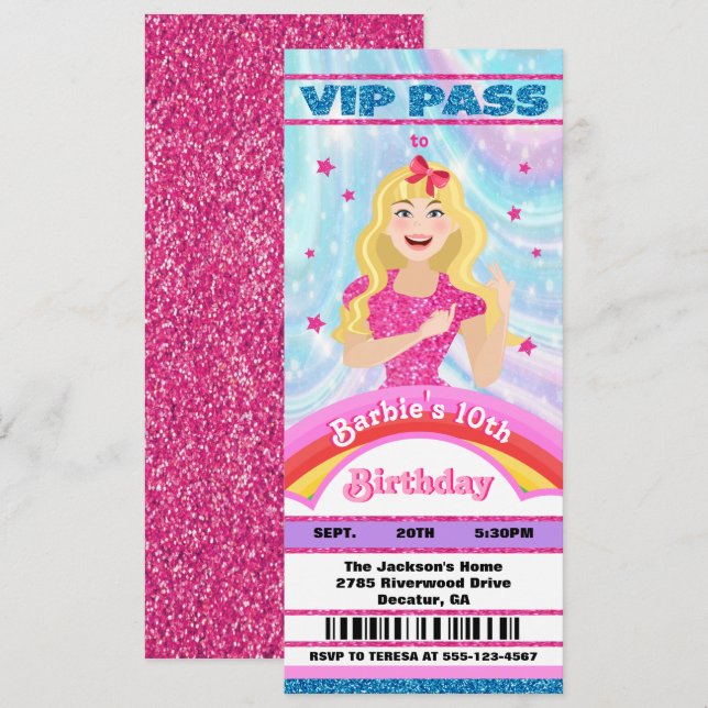 Invitación Doll Pink Purpurina Movie Star entradas VIP Cumple (Anverso / Reverso)