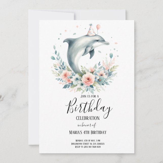 Invitación Dolphin acuarela con flores Fiesta de cumpleaños (Anverso)