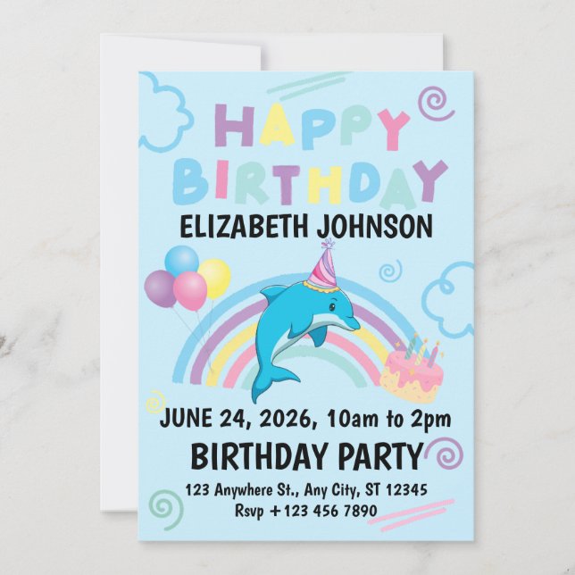 Invitación Dolphin Birthday Party Invitation in Blue (Anverso)