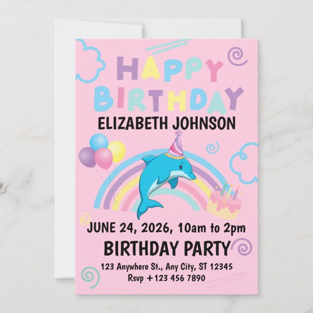 Invitación Dolphin Birthday Party Invitation in Pink (Anverso)