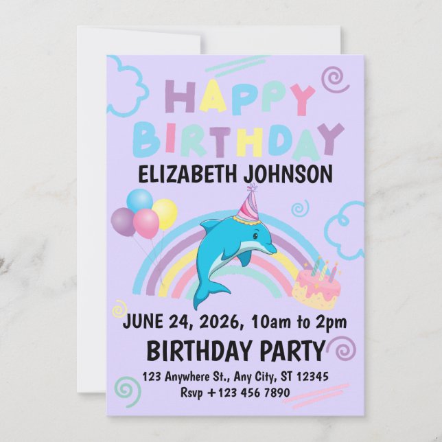 Invitación Dolphin Birthday Party Invitation in Purple (Anverso)