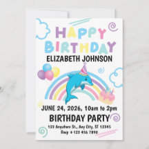 Dolphin Birthday Party Invitation in White