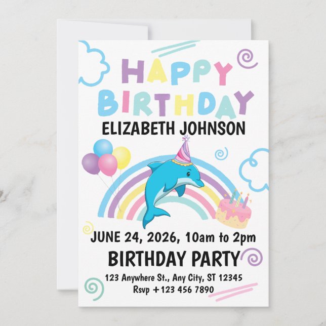 Invitación Dolphin Birthday Party Invitation in White (Anverso)