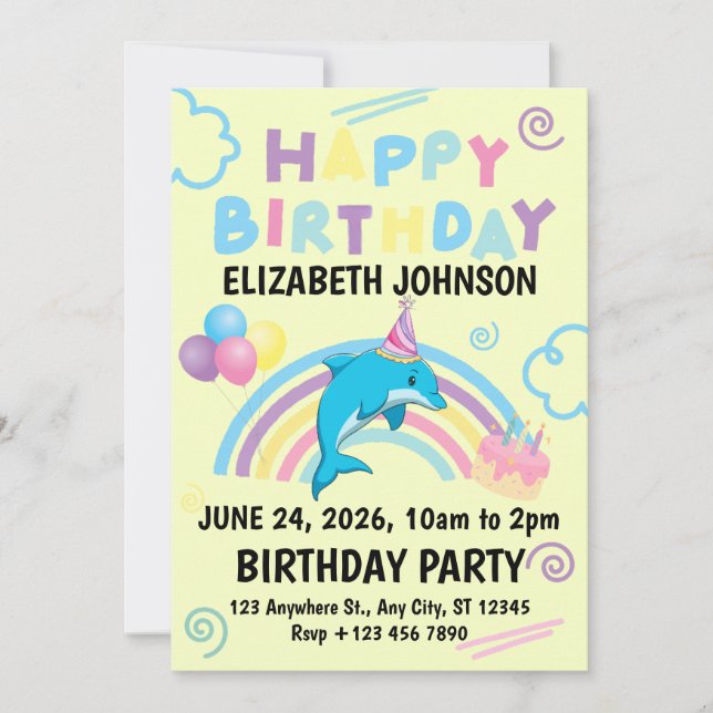 Invitación Dolphin Birthday Party Invitation in Yellow (Anverso)