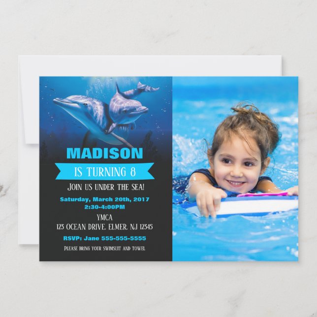 Invitación Dolphin Birthday Photo Invitation Pool Party (Anverso)