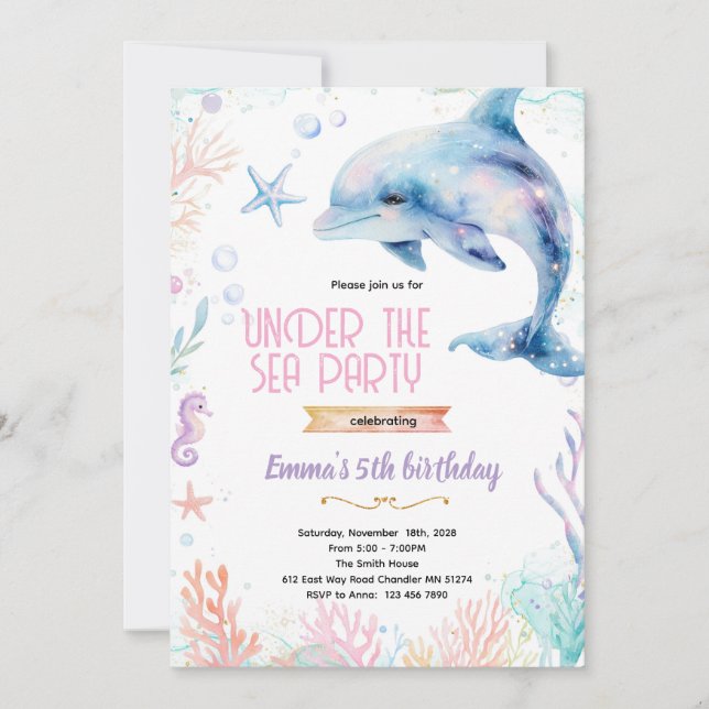Invitación Dolphin birthday theme party invitation (Anverso)