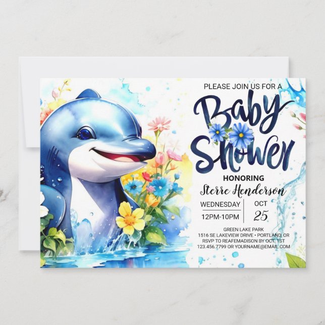 Invitación Dolphin Dance Deep Blue Boy Baby Shower (Anverso)
