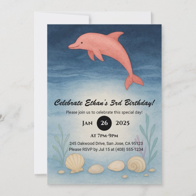 Invitación Dolphin rosa y conchas marinas Cumpleaños (Anverso)