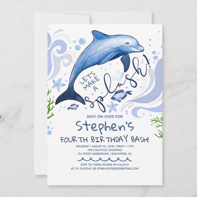 Invitación Dolphin Splash | Fiesta de cumpleaños de la piscin (Anverso)