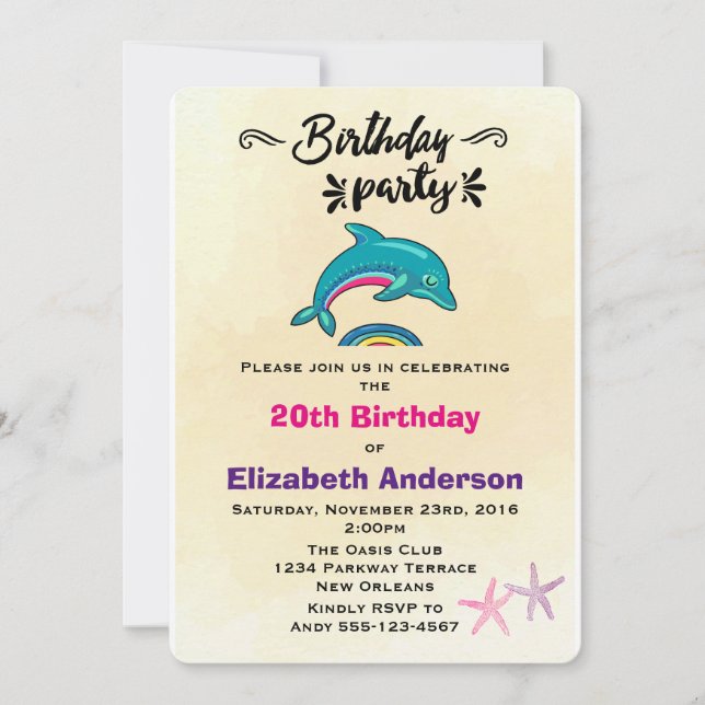 Invitación Dolphin y Starfish Tropical Temático Cumpleaños (Anverso)