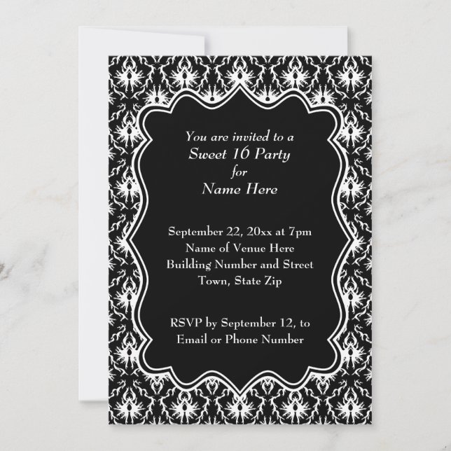 Invitación Dombascar dulce 16 en blanco y negro. (Anverso)