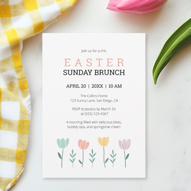 Invitación Domingo de Pascua Brunch Moderno Floral Cuta Botán (Easter Sunday Brunch Modern Floral Cute Botanical Invitation)