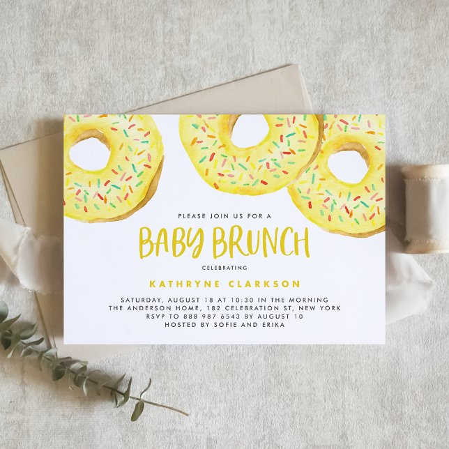 Invitación Donas Baby Brunch con Salpicaduras de Amarillo Acu (Watercolor Yellow Sprinkle Donuts Baby Brunch Invitation)